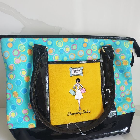 MAGGIE B Whimsy Shopping Girl Tote Bag Black Teal Yellow Polka Dots Canvas Charm - Picture 9 of 9